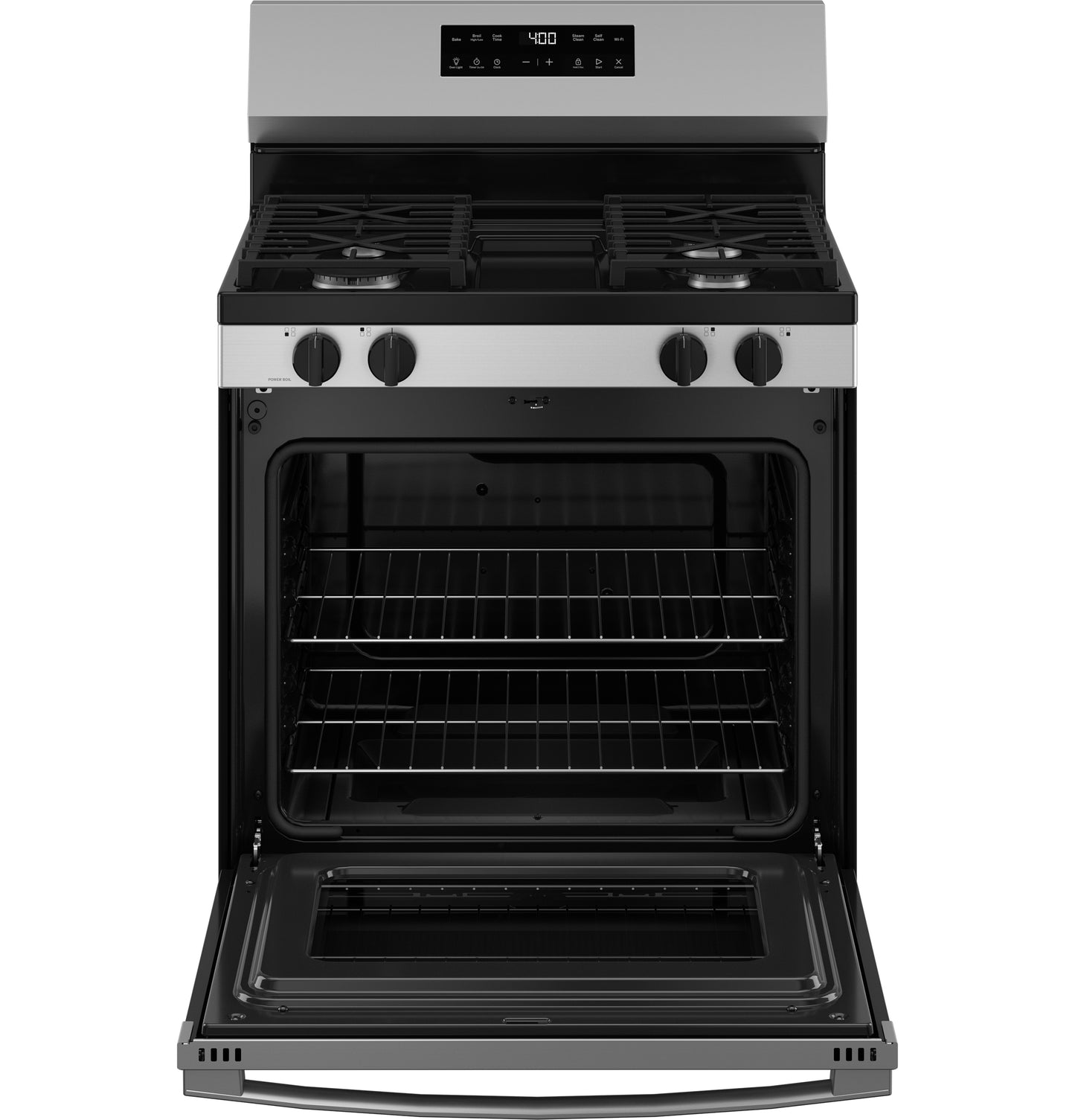 Open stainless steel gas range with four burners, control knobs, digital display, and oven racks from kitchen appliances collection
