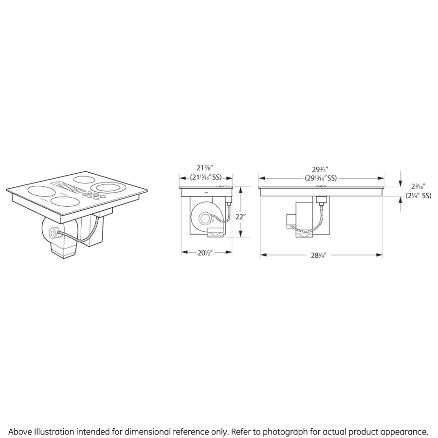 Line drawing of a downdraft electric cooktop with detailed side and rear dimensional measurements for kitchen installation.