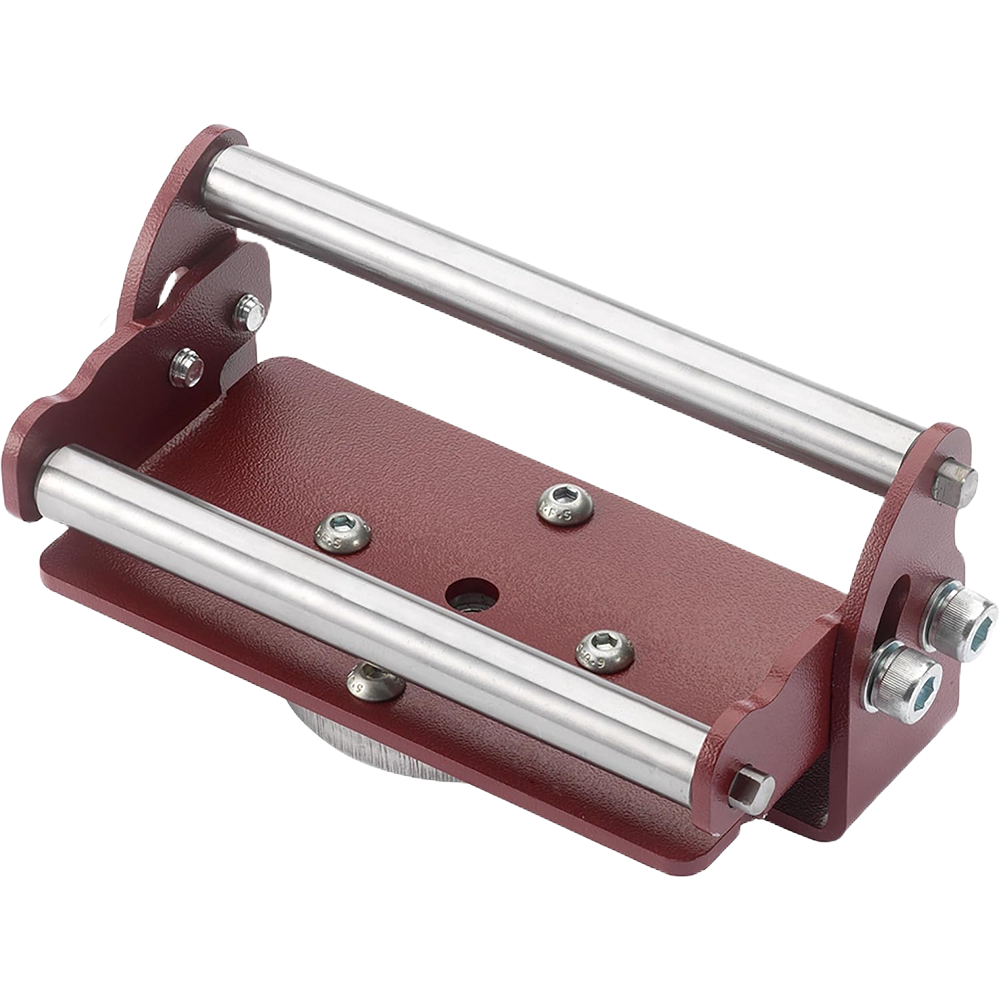 Compact sturdy red metal steady rest with smooth steel rods for supporting woodturning tools and equipment