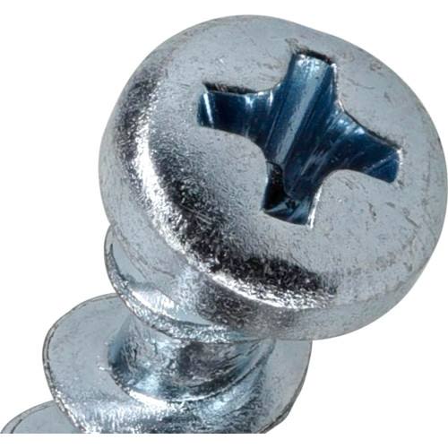 Close-up of a metal Phillips pan-head screw with shiny zinc coating in hardware and fasteners collections