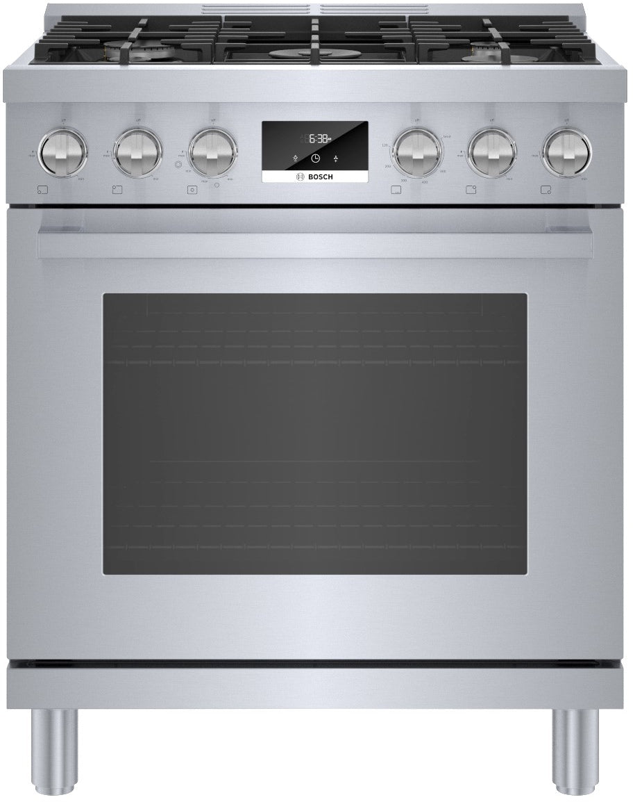 stainless steel dual fuel range with six control knobs and digital display for kitchen and home improvement