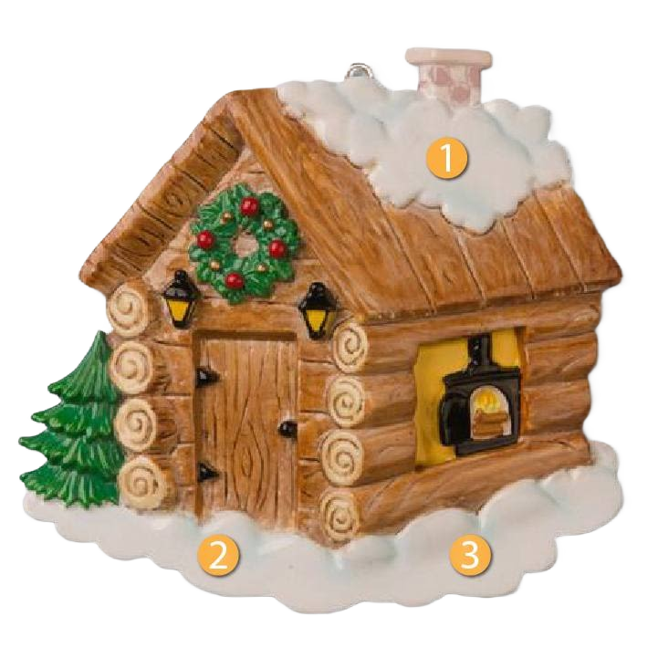 Handcrafted log cabin ornament with snow-covered roof, wreath, and glowing fireplace for Christmas décor under $50 collection
