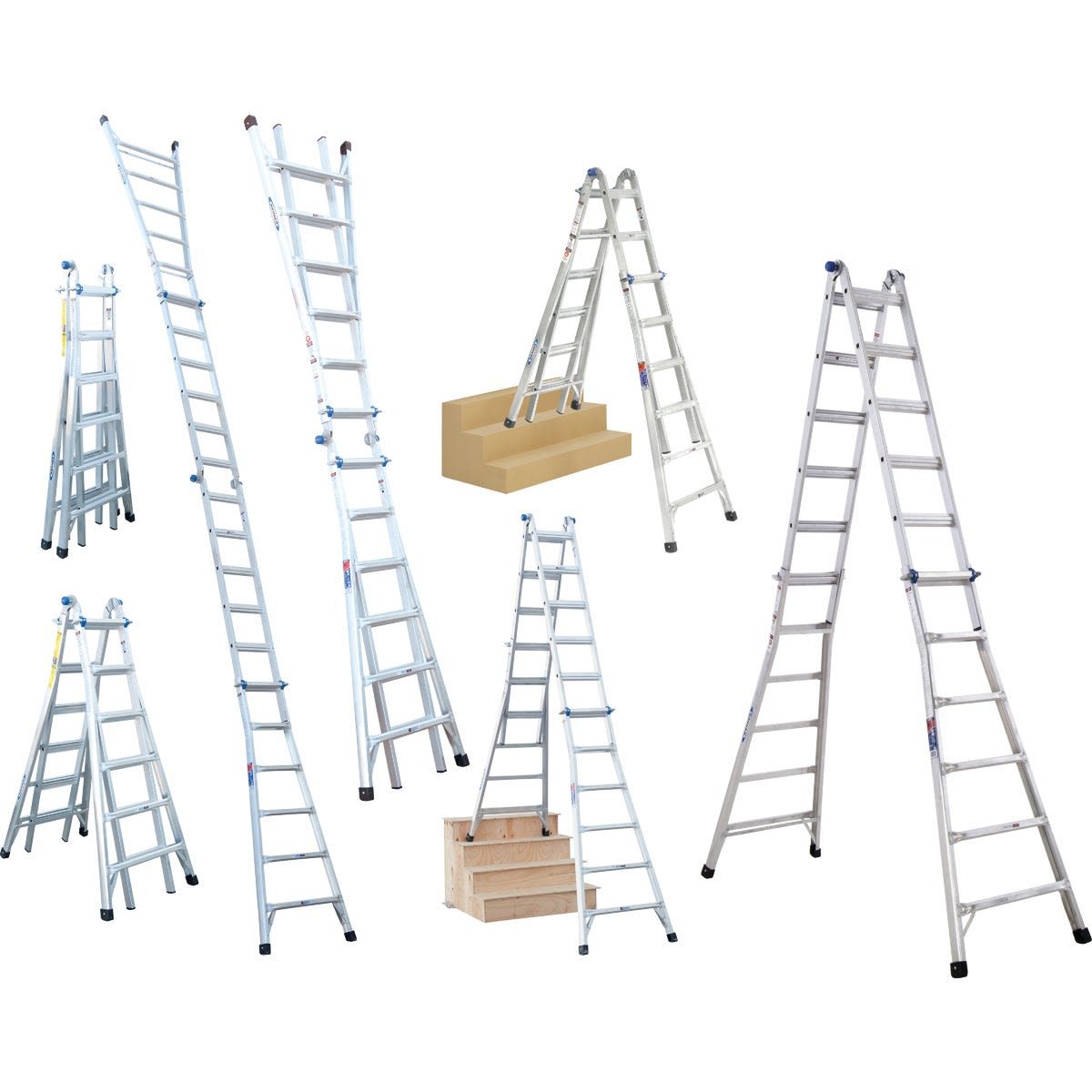 Various positions of a 26 ft. aluminum multi-position telescoping ladder used for tools and home improvement projects