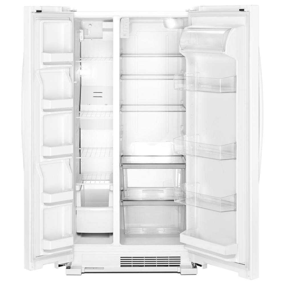 Open 33-inch wide side-by-side white refrigerator with adjustable storage shelves in kitchen appliances collection