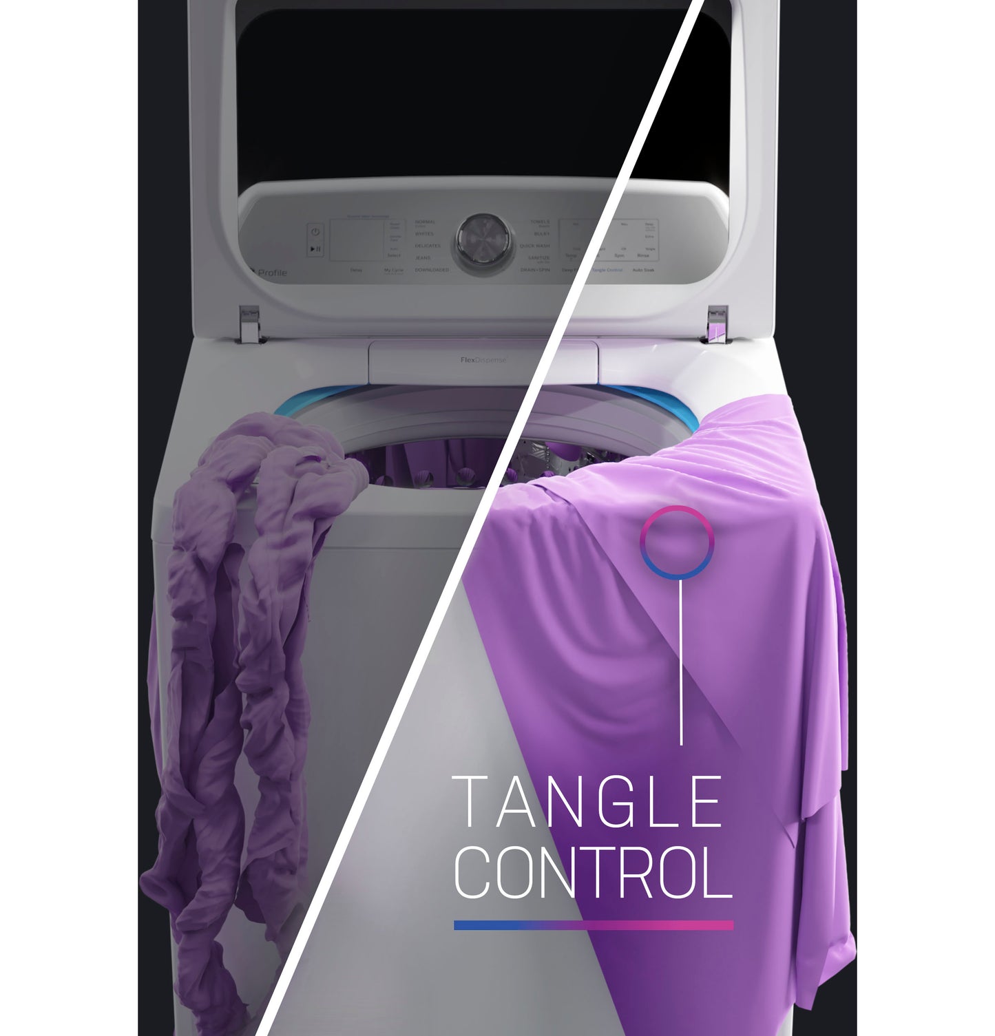 Top load washer showing half tangled laundry and half smooth fabric with tangle control feature demonstration