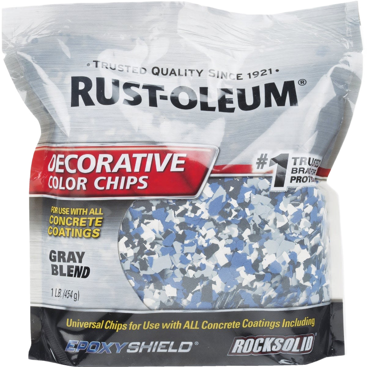 Package of Rust-Oleum gray blend decorative color chips for concrete coatings in paints, sealers, and home improvement collections