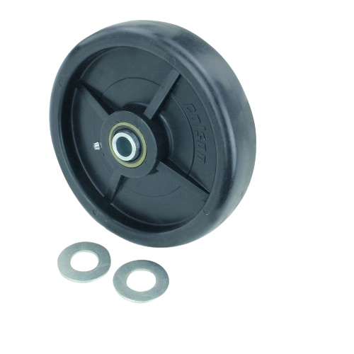 Black durable mower deck wheel with metal bearing and included washers for John Deere parts and automotive tools collections