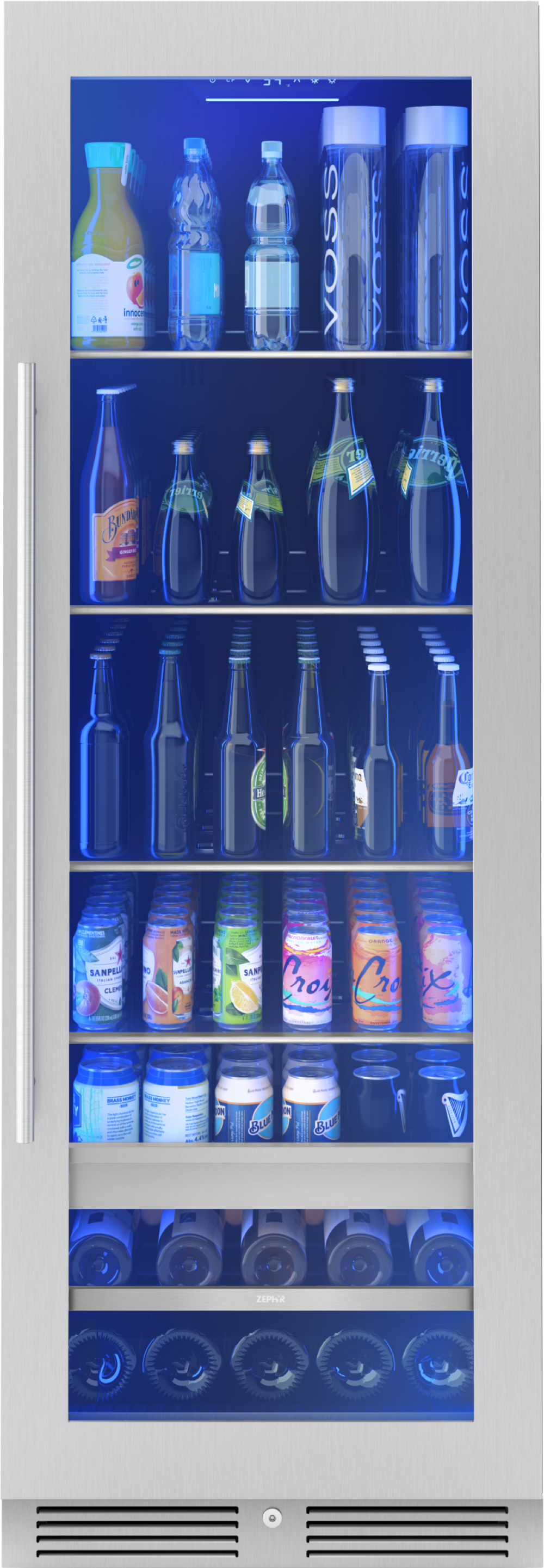 Full size stainless steel beverage cooler with glass door, stocked shelves, and digital control in kitchen appliances collection