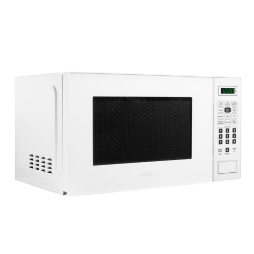 White compact countertop microwave with digital keypad, timer display, and vented side panel for kitchen use