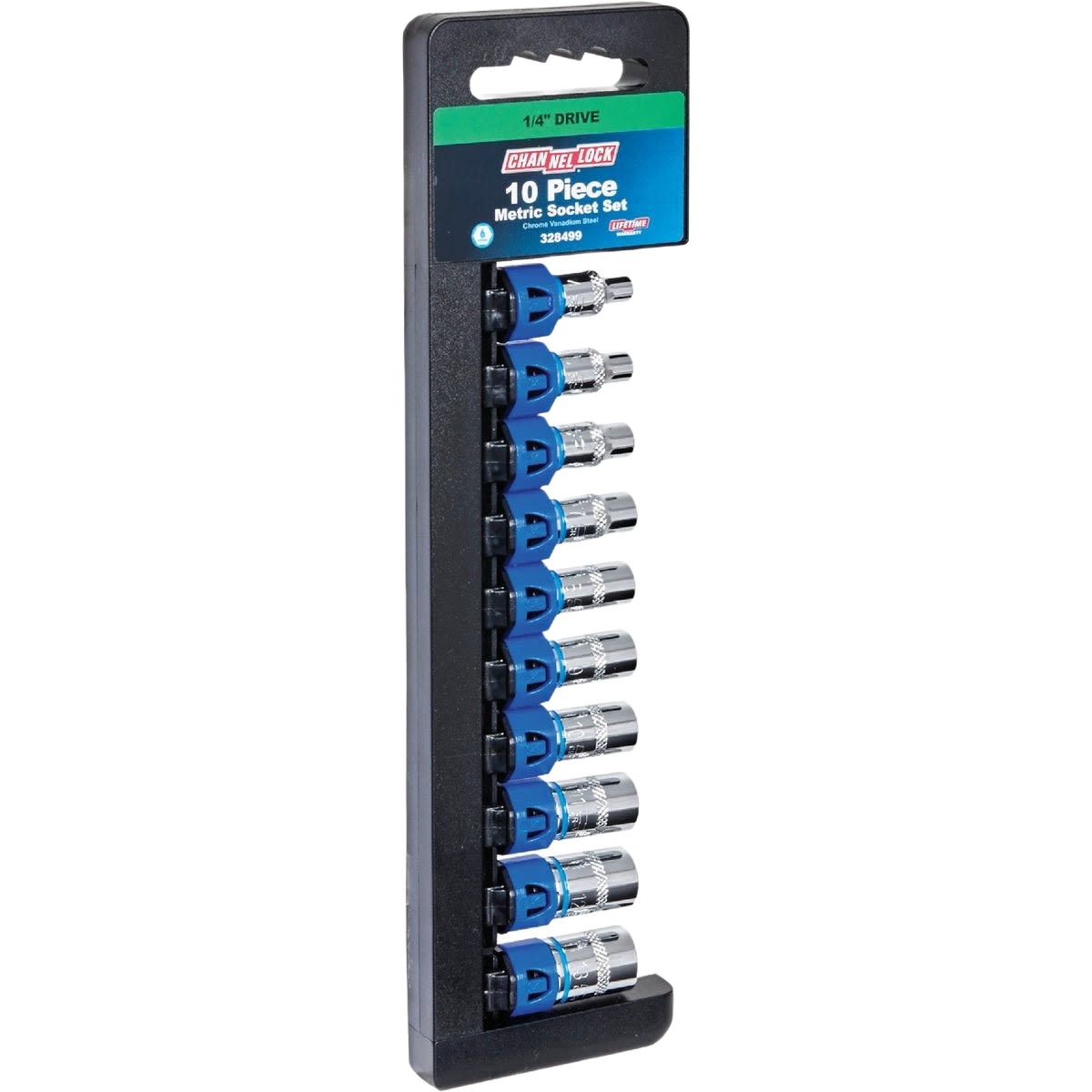 Set of ten shallow metric sockets with 1/4-inch drive in a black plastic organizer for hand tools and home improvement collections