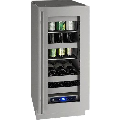 15-inch beverage center with stainless steel reversible hinge door, adjustable shelves, and digital temperature control in appliances collection