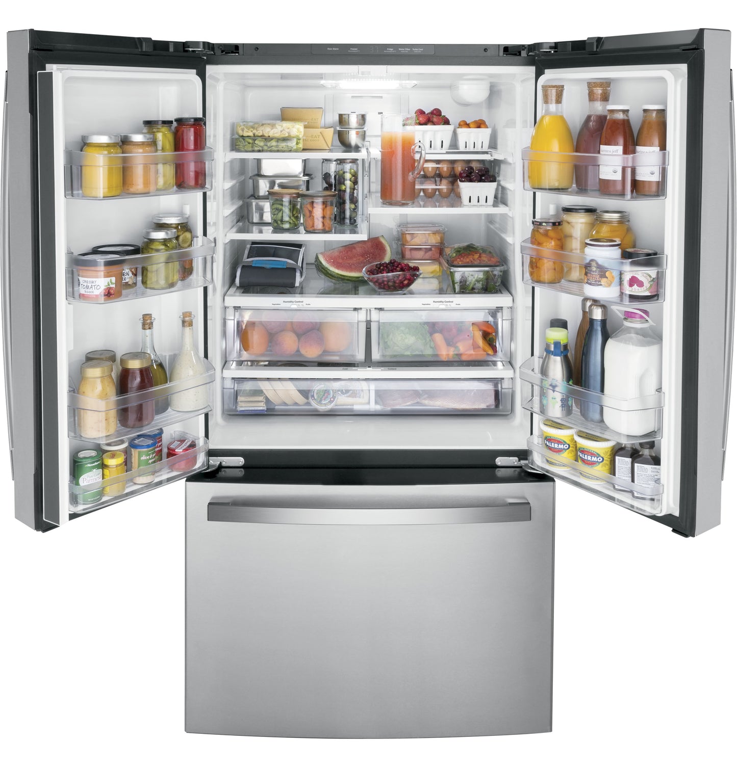 Open fingerprint resistant French-door refrigerator with organized fresh produce and beverages in kitchen appliances collection
