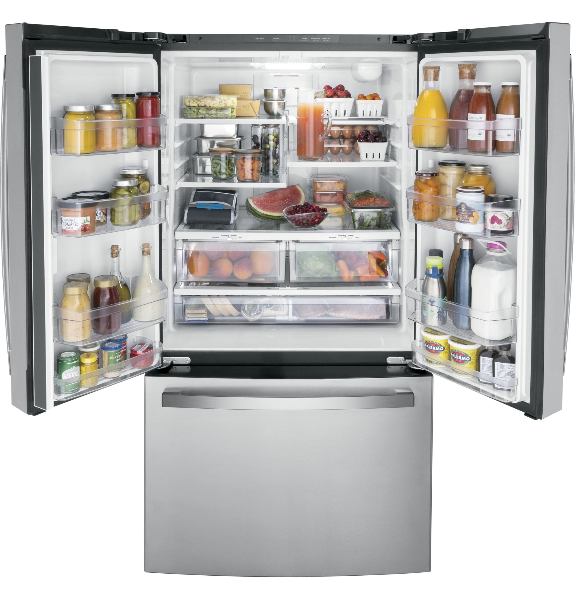 Open fingerprint resistant French-door refrigerator with organized fresh produce and beverages in kitchen appliances collection
