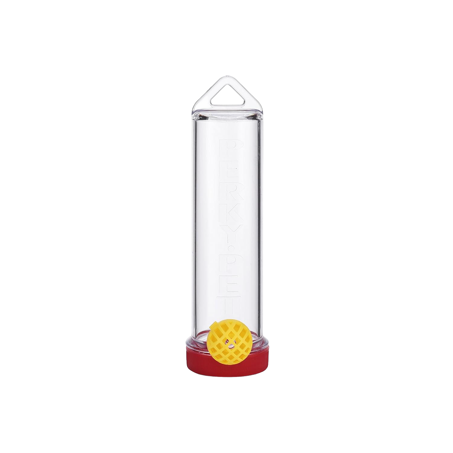 Clear plastic hummingbird feeder with red base and yellow feeding port, designed for hanging in gardens and outdoor spaces