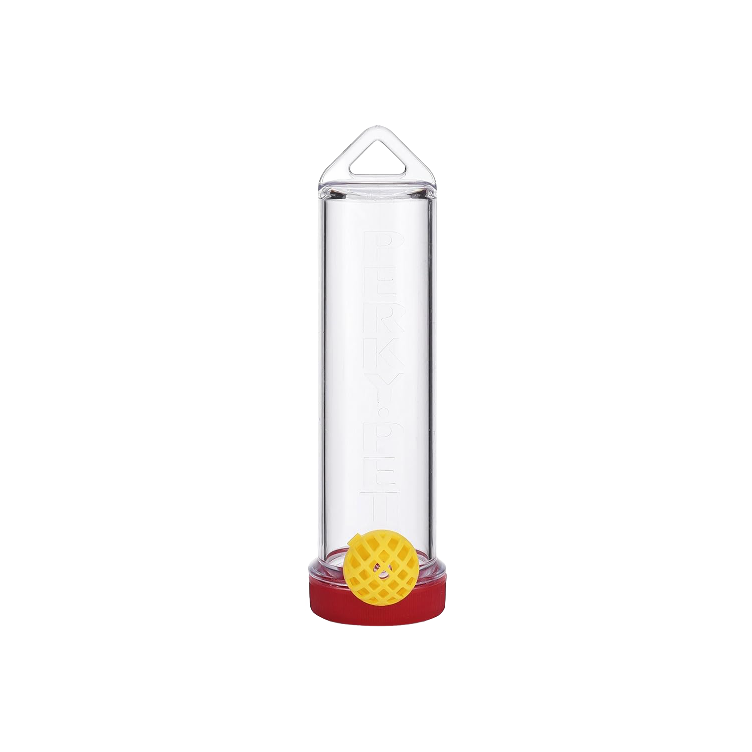Clear plastic hummingbird feeder with red base and yellow feeding port, designed for hanging in gardens and outdoor spaces