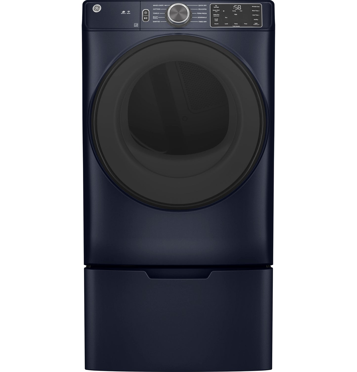Front view of dark blue smart front load electric dryer with digital control panel in dryers collection