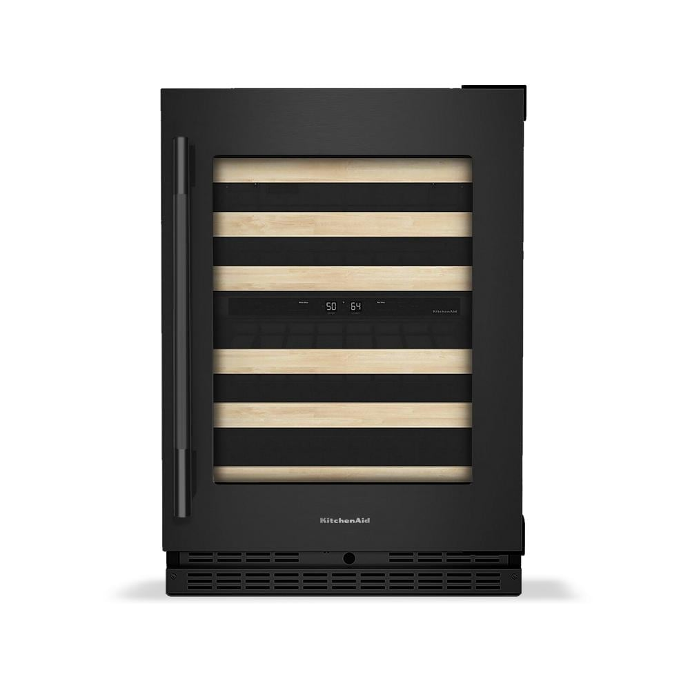 24" undercounter black wine cellar with full-extension wood racks, digital display, and beverage center design