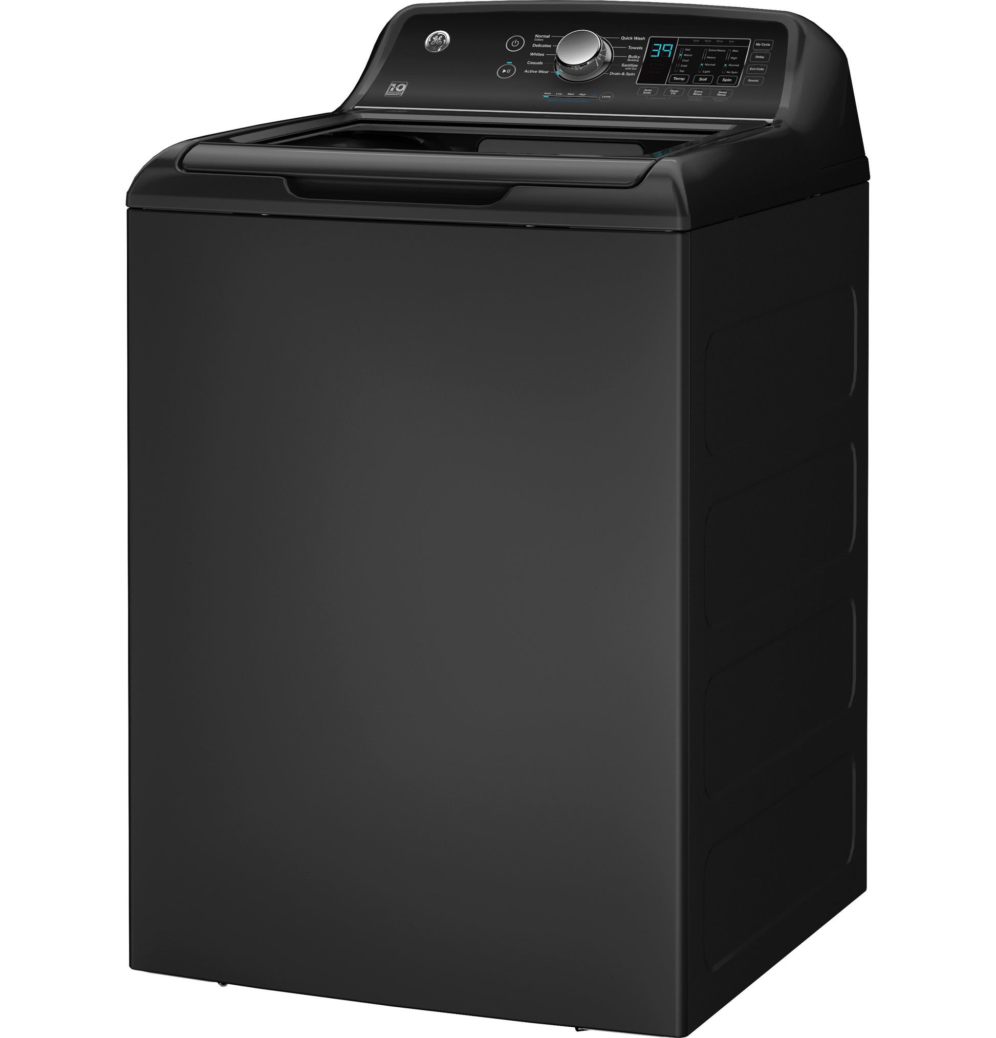 Modern black top load washer with digital controls and water level adjustment from Washers & Dryers collection