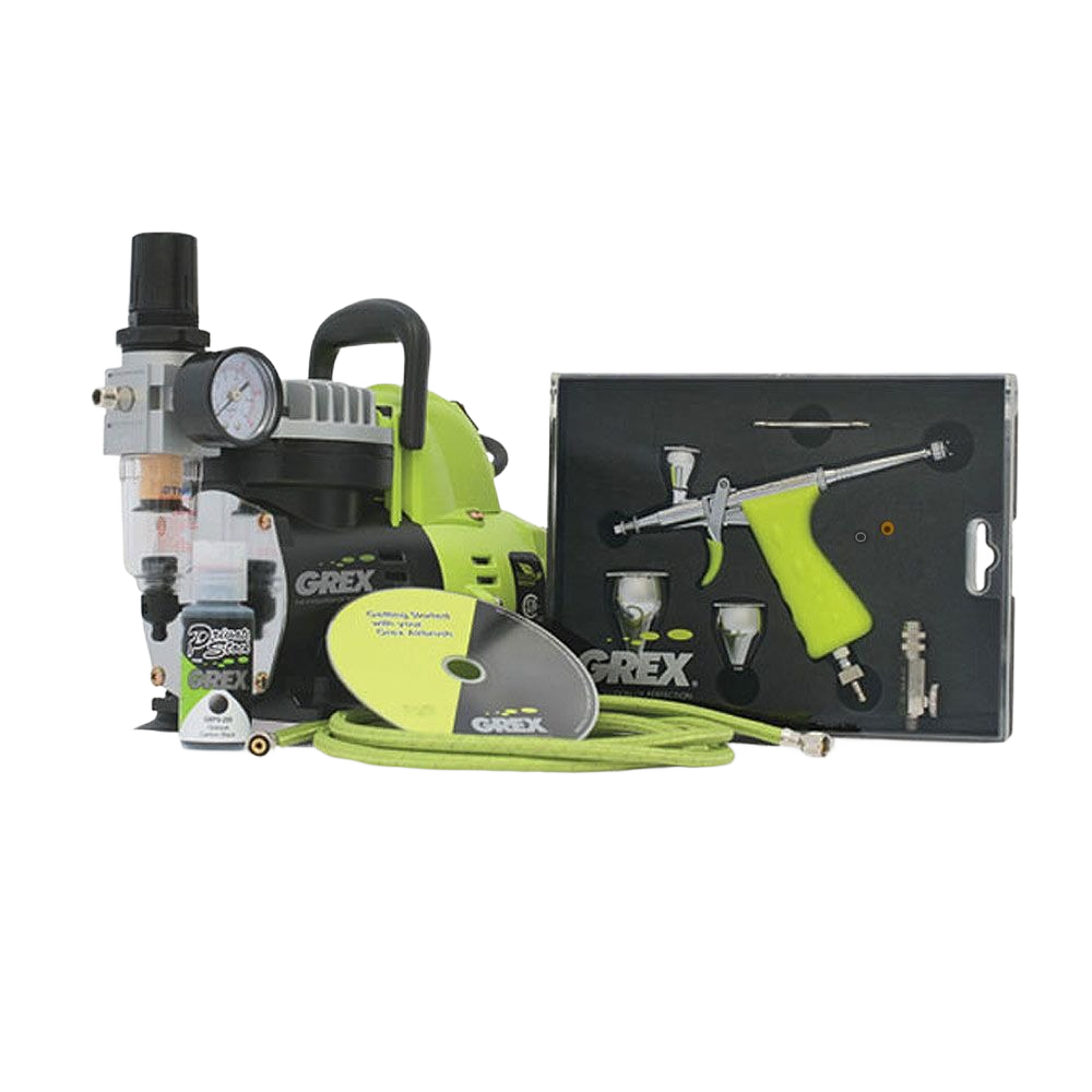Green and black airbrush compressor kit with pistol-style airbrush and accessories for paint sprayers and supplies collections