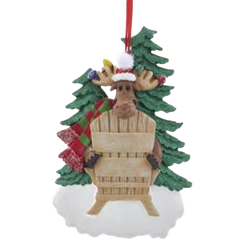 Moose figure wearing a winter hat sitting on a wooden chair with wrapped gift and pine trees in background