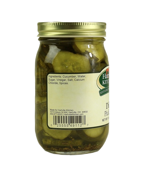 Glass jar of dill pickles with gold lid, part of Hartville Kitchen condiments and food & beverage under $50 collections