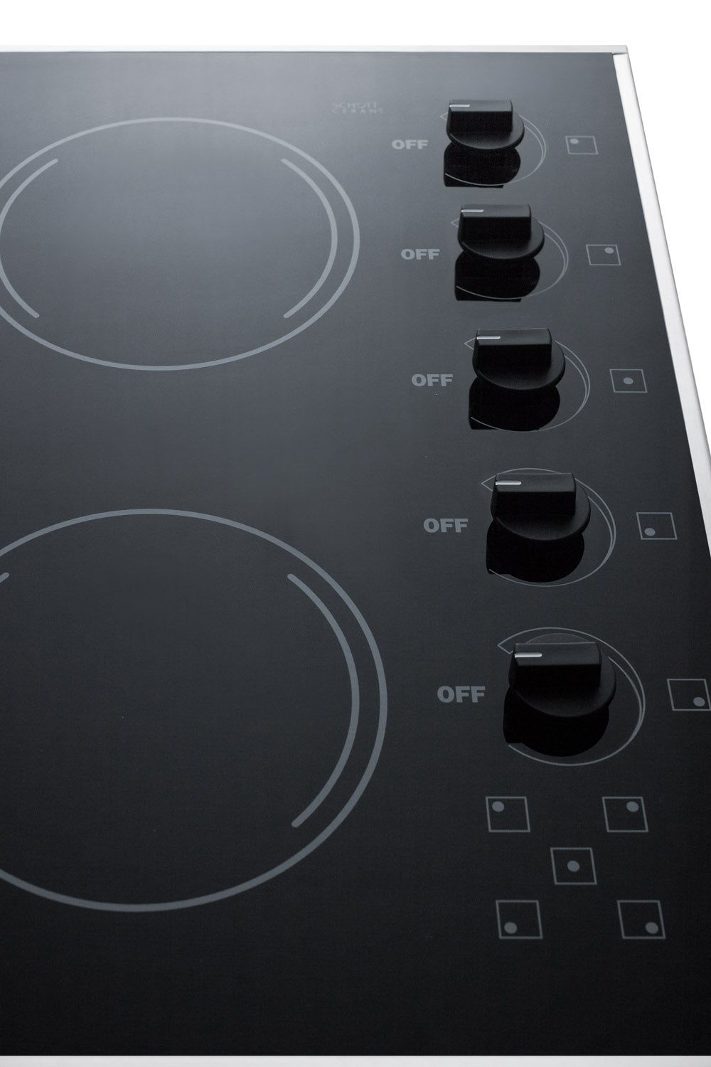 Black smooth-top radiant cooktop with five rotary knobs and circular burner outlines for kitchen appliances and home improvement.