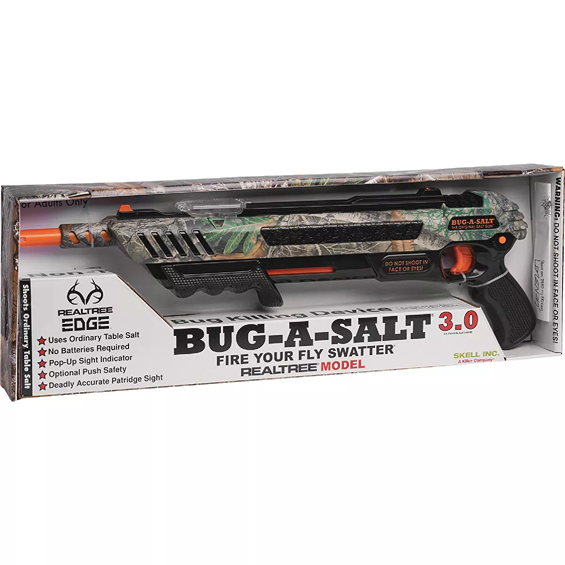 Camo-patterned bug blaster with orange safety trigger and salt reservoir for precise pest control in outdoor settings