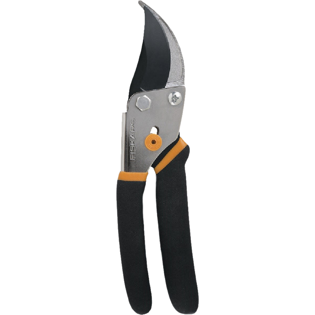 Bypass pruner with black cushioned handles and sharp curved cutting blades for precise gardening and home improvement tasks