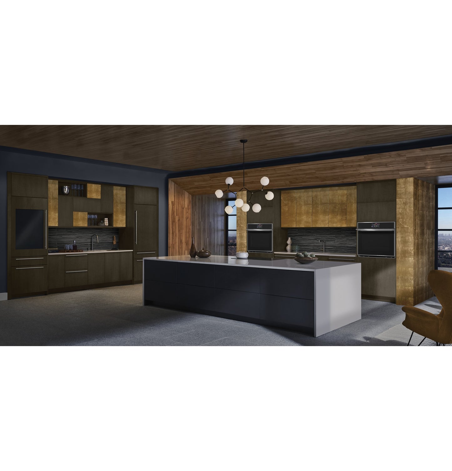 Contemporary kitchen with dark wood cabinetry, built-in wall ovens, and a large gray island in appliances collection