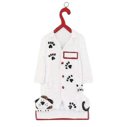 White veterinarian coat Christmas ornament with black paw prints, cat, and dog details for holiday tree decor collection