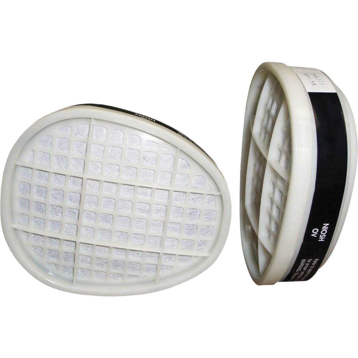 Pair of oval organic vapor and P95 filter cartridges for respirator masks in safety and PPE collection