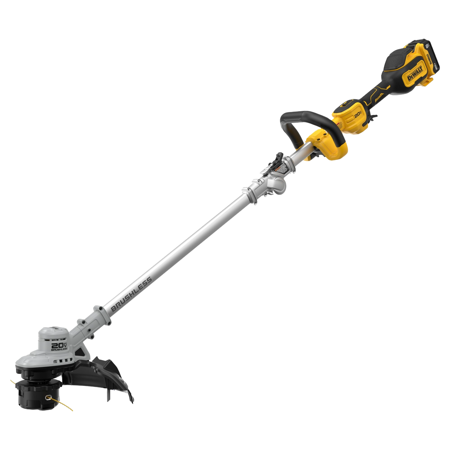 Cordless foldable string trimmer with brushless motor and yellow and black design for outdoor power tools and lawn care equipment.