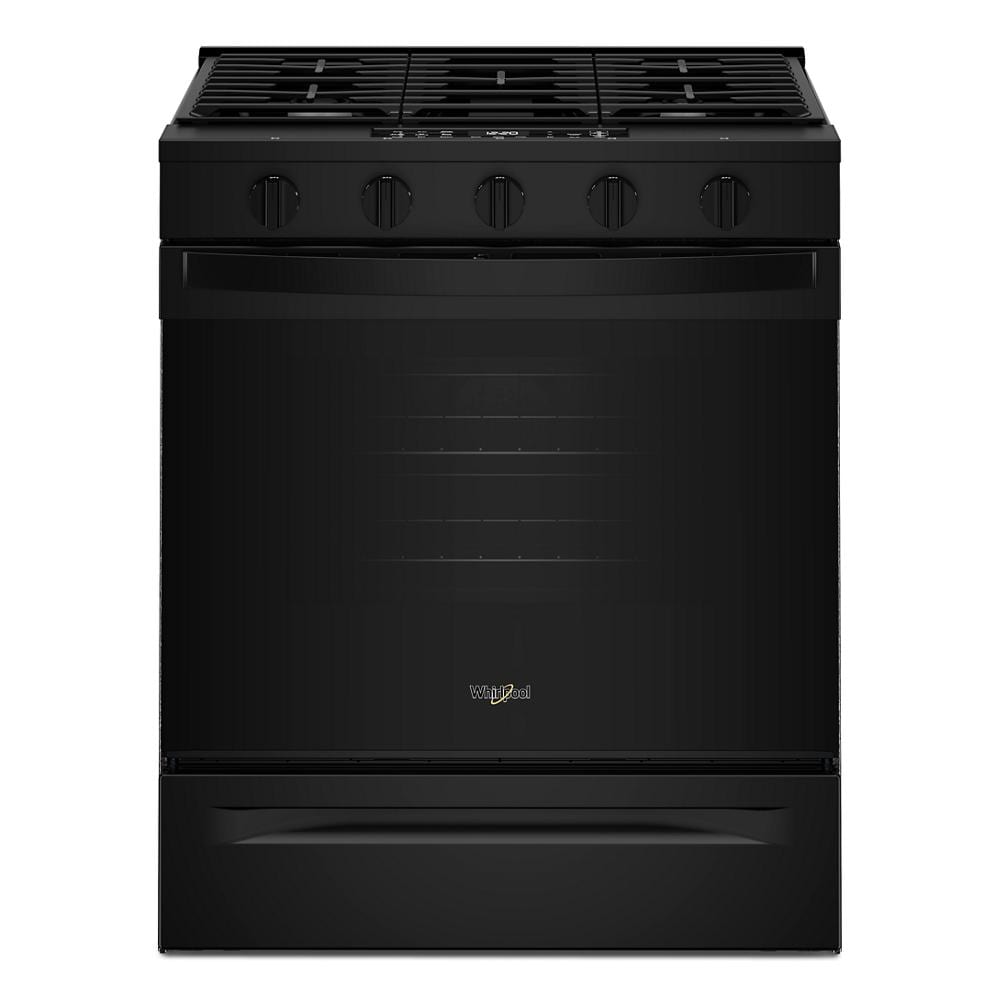 matte black 30-inch gas range with five burners and control knobs in kitchen appliances and ranges collection