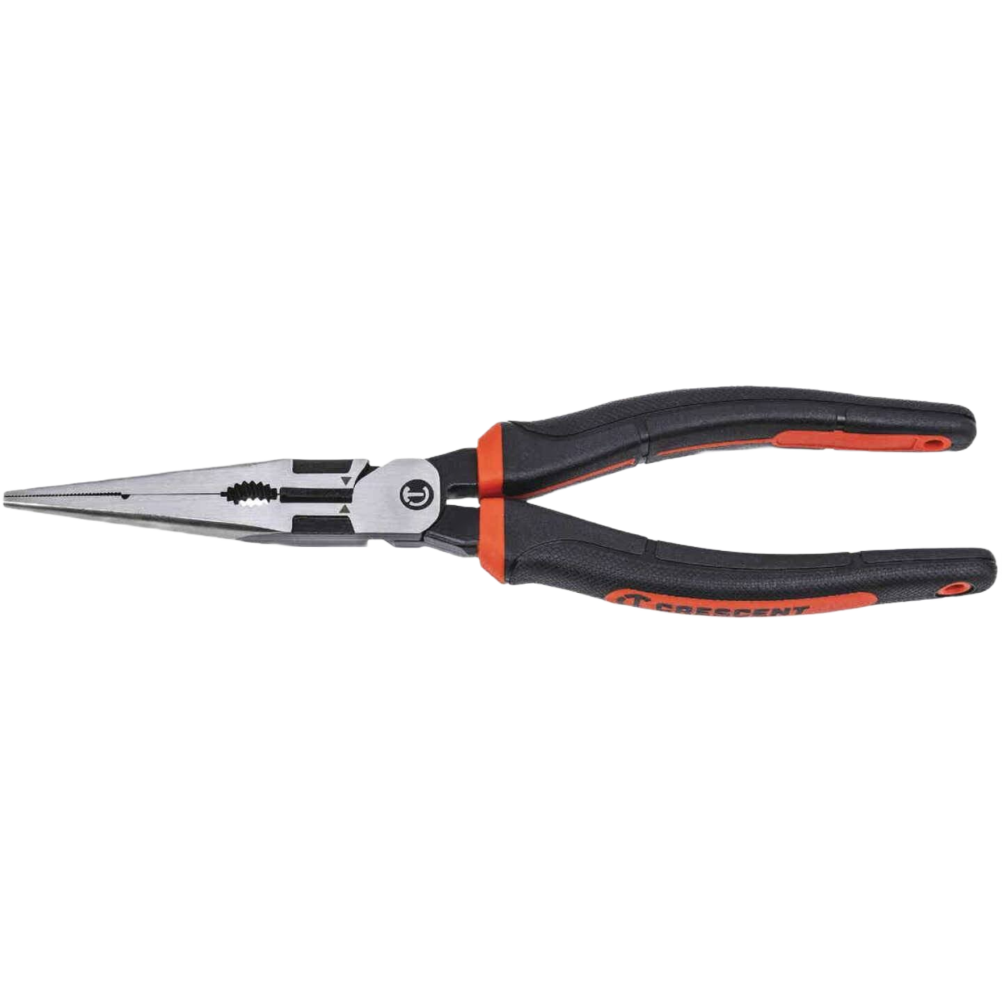 Dual material long nose pliers with ergonomic black and orange handles for precision gripping in hand tools and home improvement collections