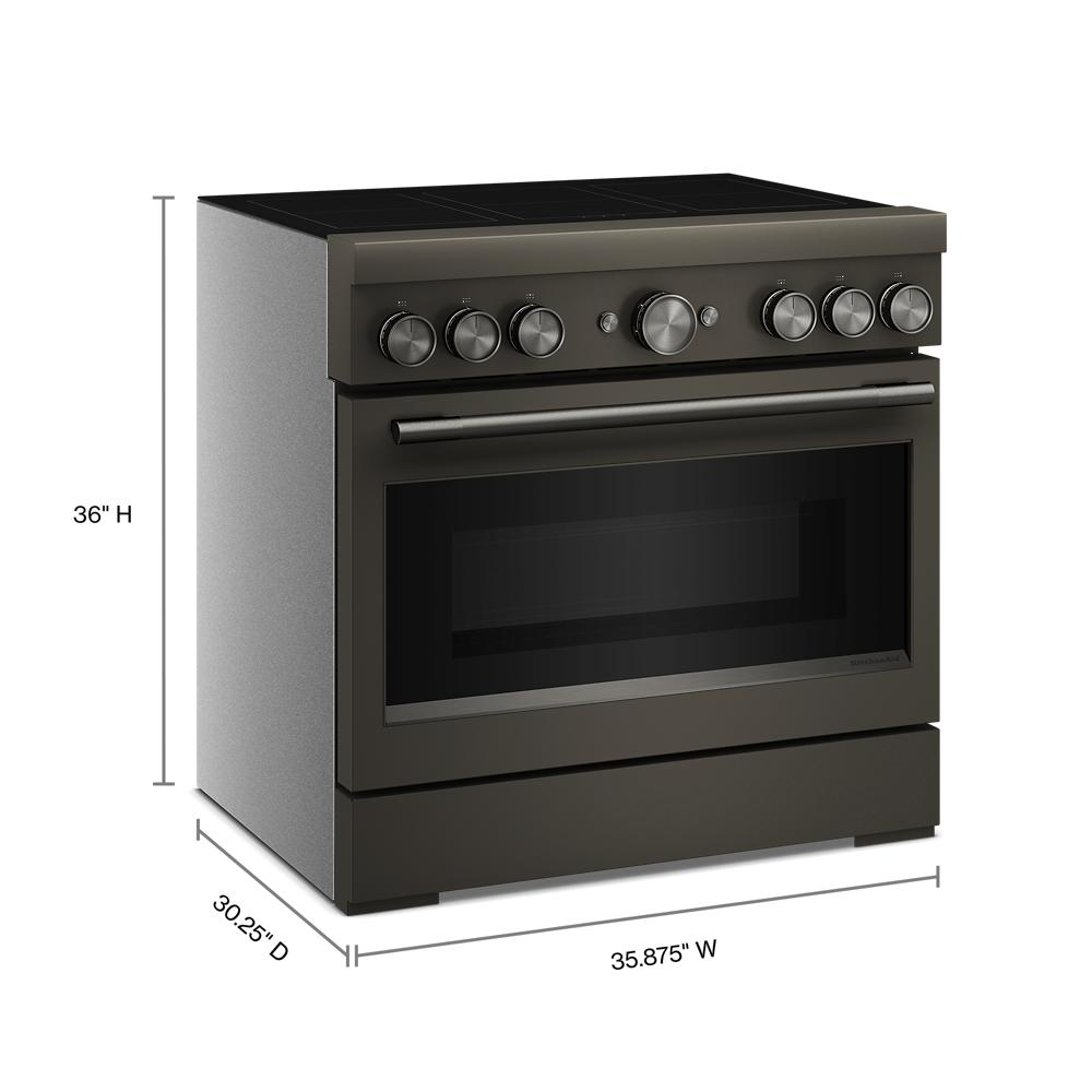 36-inch freestanding induction range with six control knobs, large oven window, and commercial-style design in dark finish
