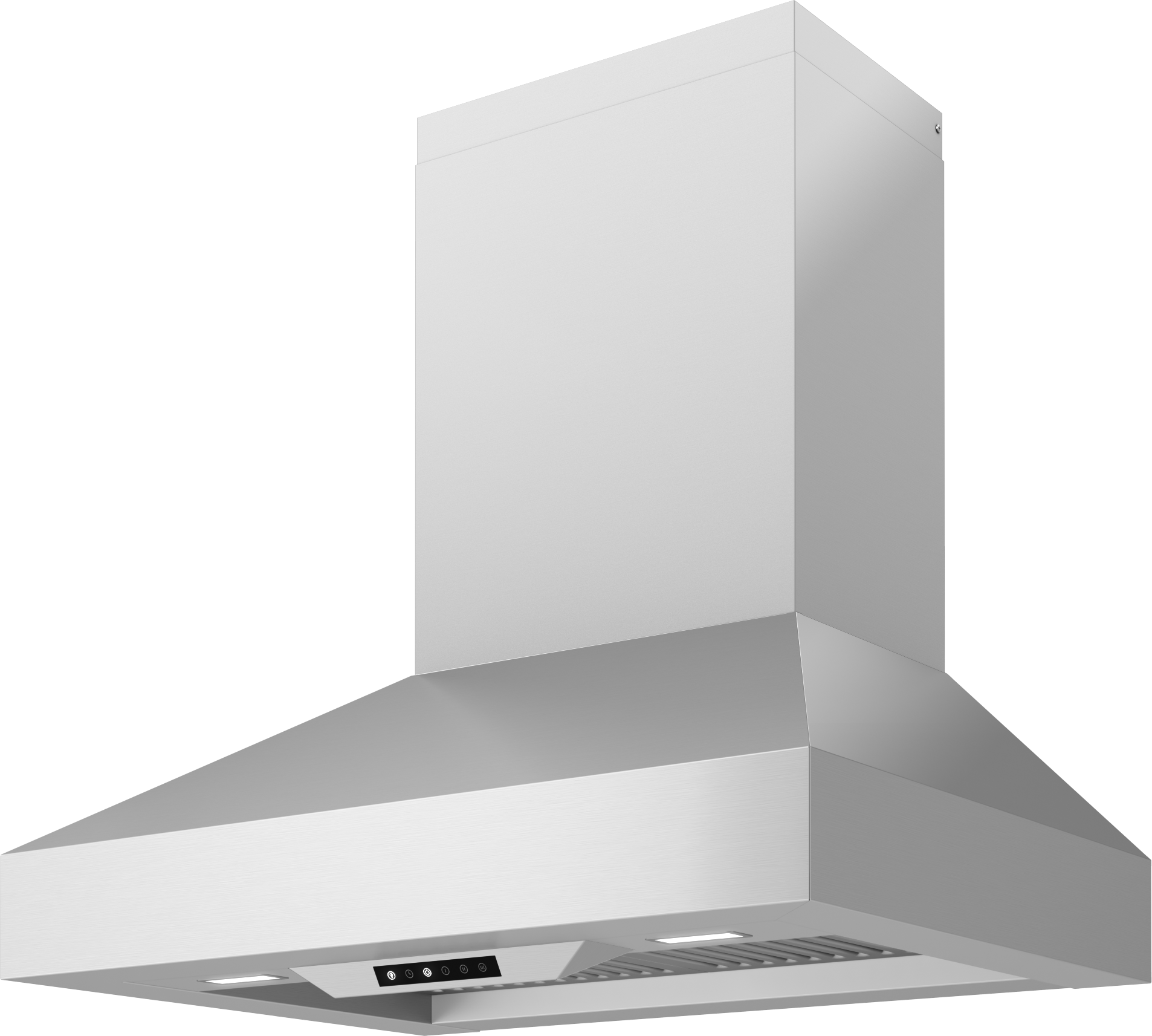 Brushed stainless steel wall-mounted kitchen range hood with integrated LED lights for home improvement use
