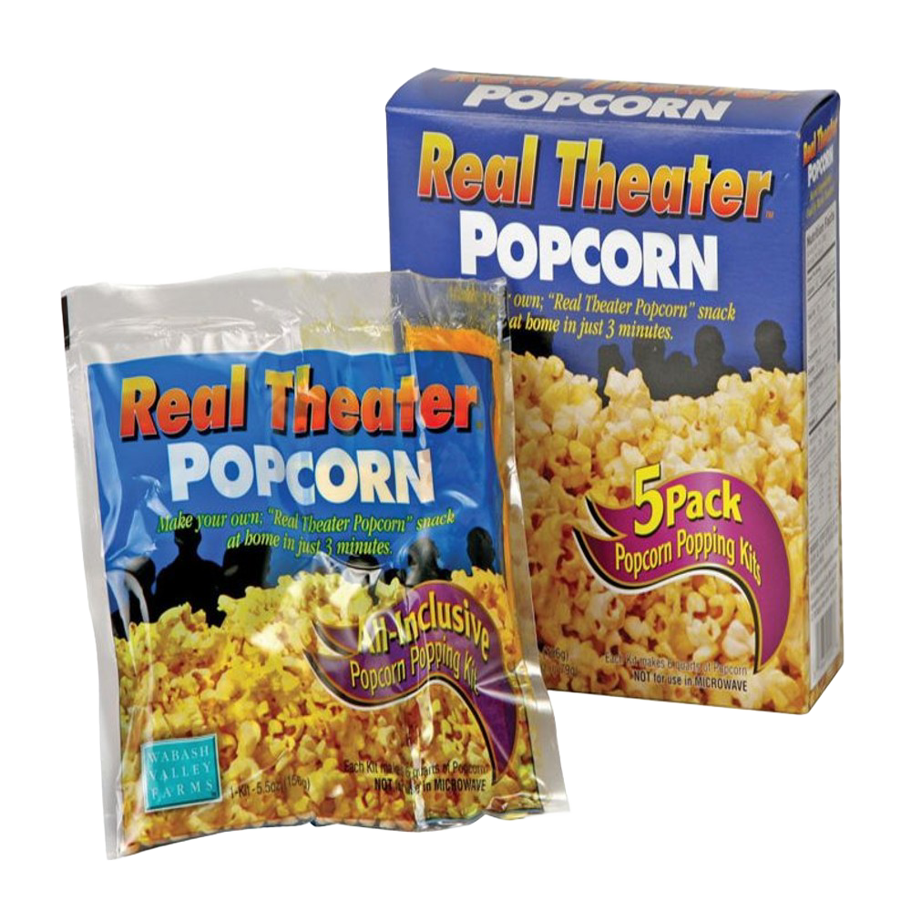 Box and single bag of Real Theater Popcorn with 5-pack popping kit, part of Chips & Snacks and Food & Beverage collections under $50