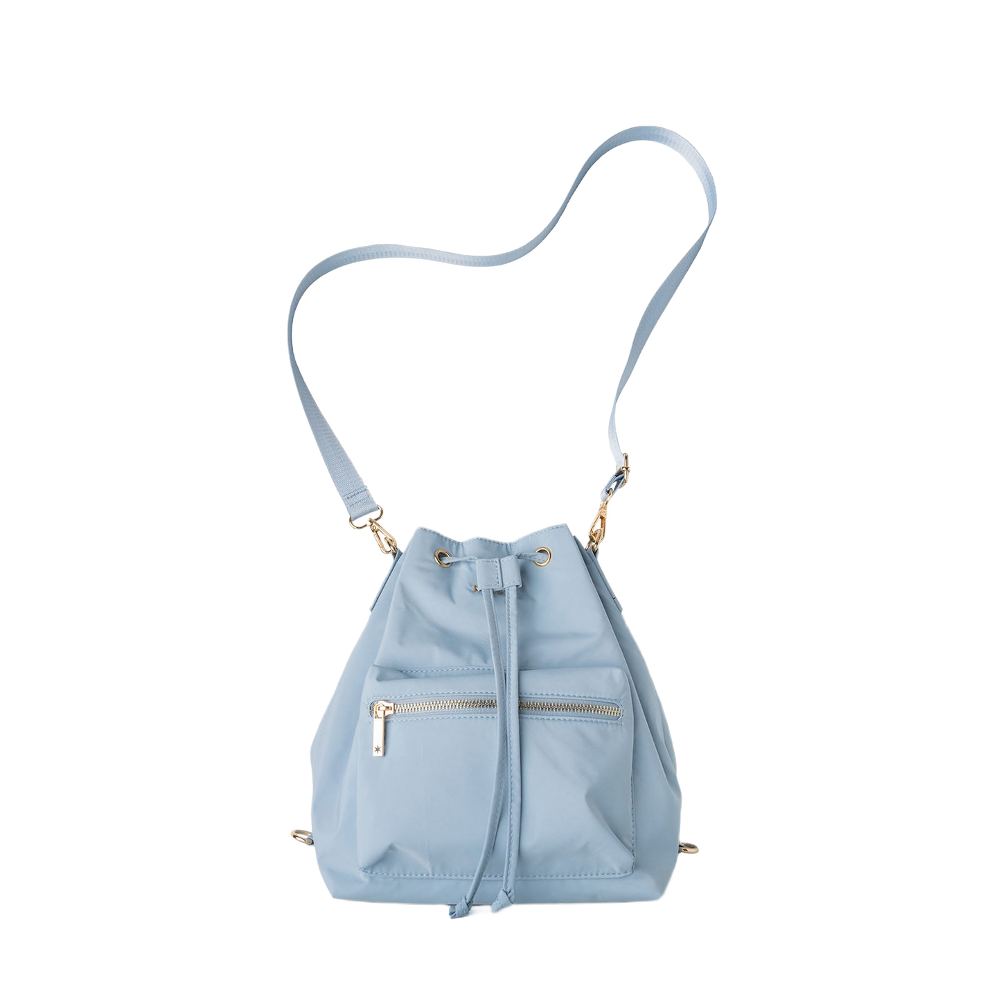 Light blue convertible bucket bag with front zipper pocket and adjustable strap in accessories and bags collections