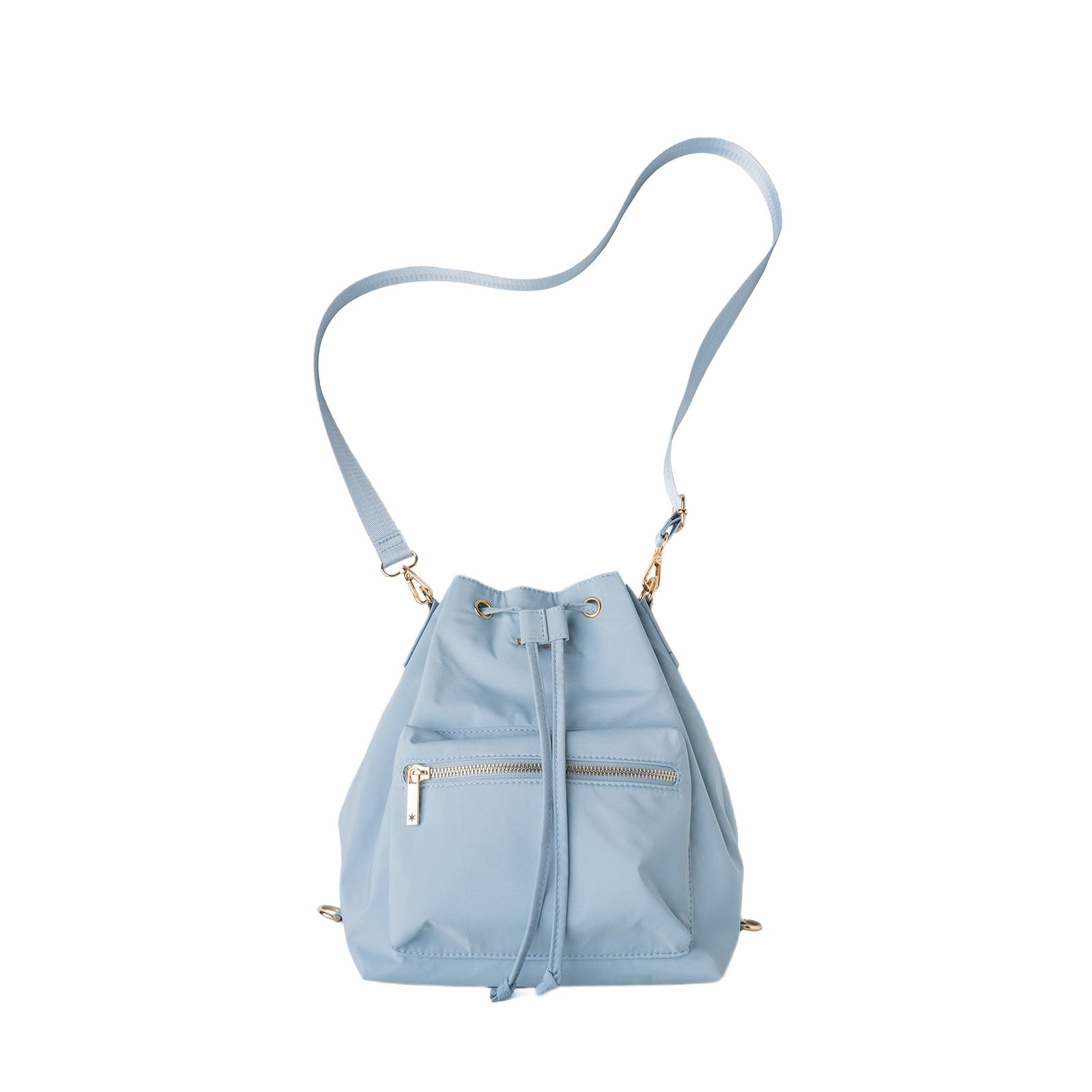 Light blue convertible bucket bag with front zipper pocket and adjustable strap in accessories and bags collections