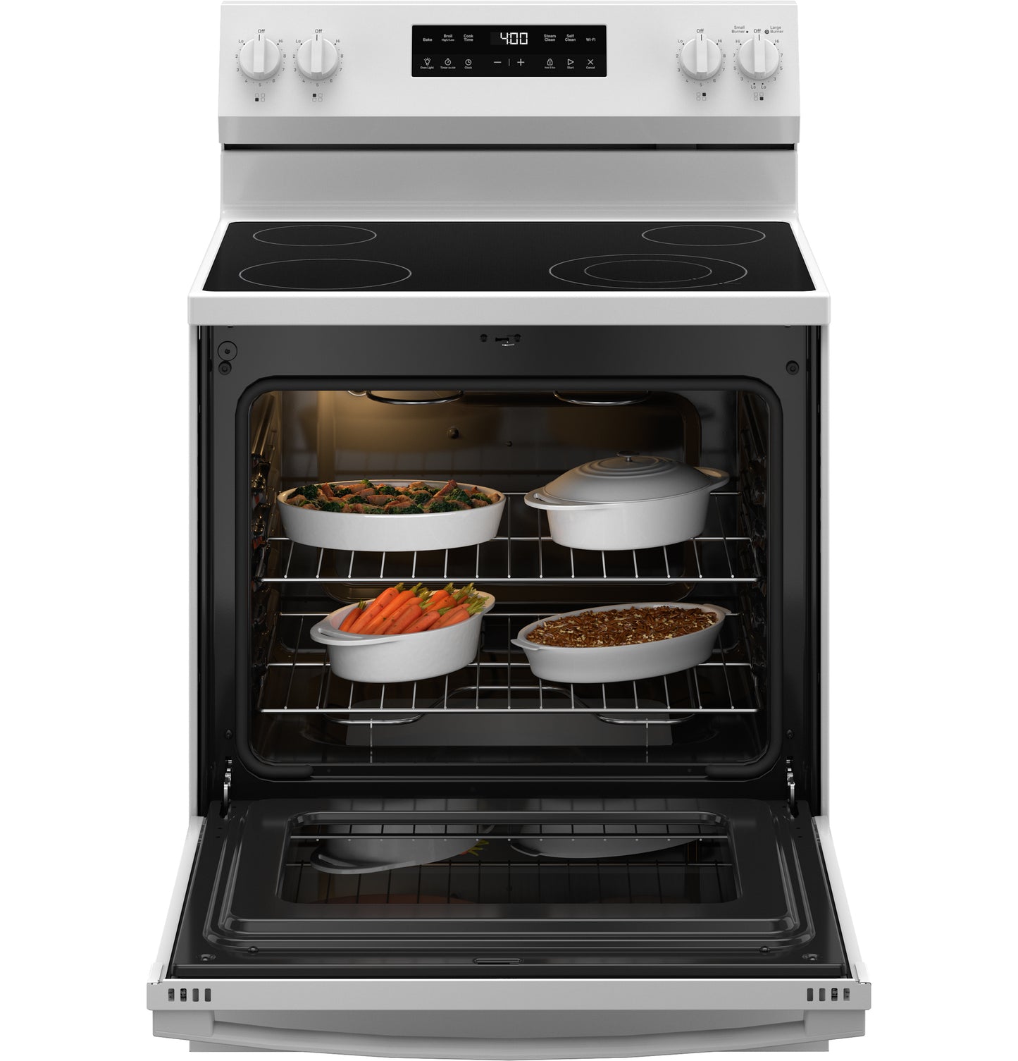 White electric range with smooth cooktop, digital display, control knobs, and open oven with cookware inside from Ranges collection