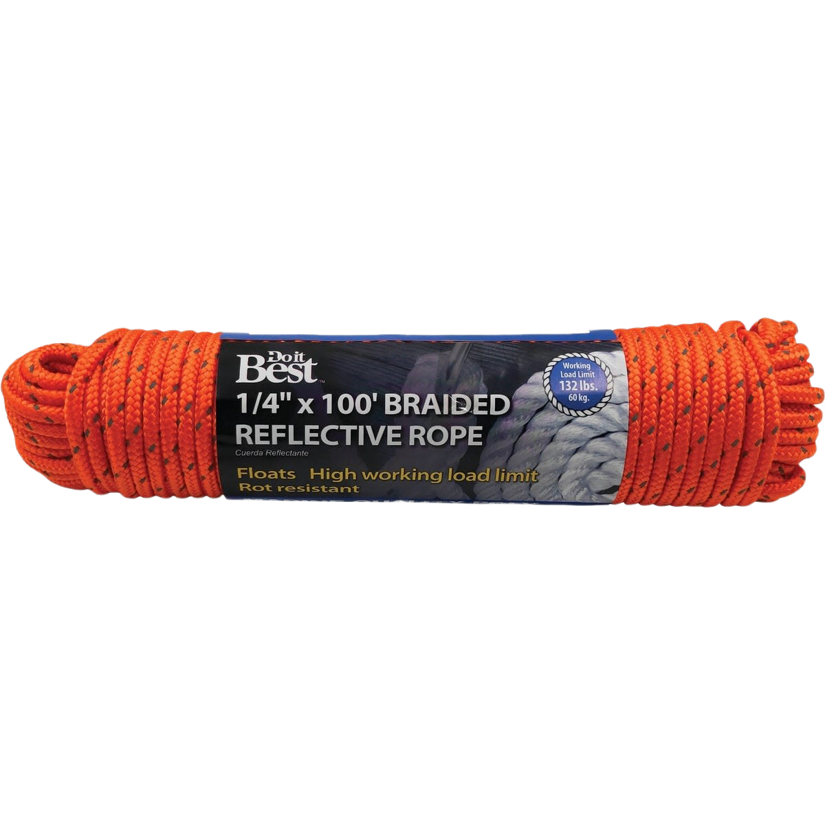 Orange braided reflective polypropylene rope rolled with label showing load limits for home improvement use