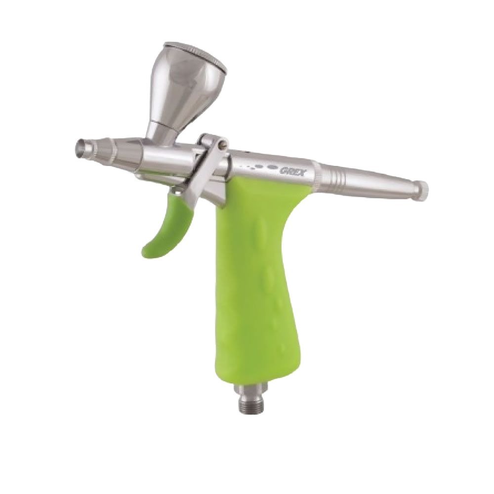 Silver and green pistol style airbrush with top gravity feed for detailed painting in paint sprayers and tools collections