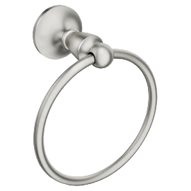 Brushed nickel towel ring with rounded wall mount designed for bathroom organization and home improvement