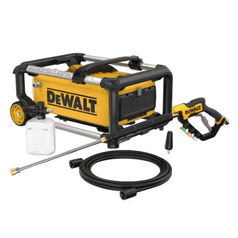 Yellow and black brushless electric pressure washer with hose, spray gun, detergent bottle, and wheels for tools and home improvement tasks