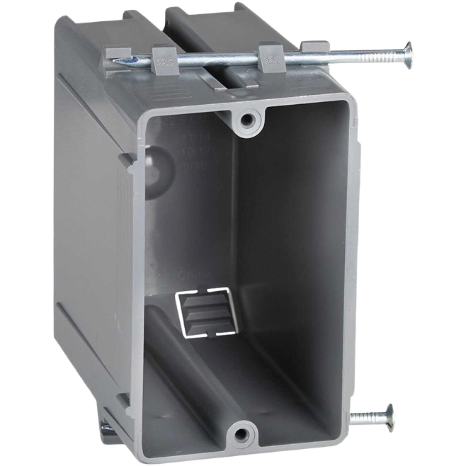 Gray molded PVC electrical box with mounting screws for new work installation in tools and home improvement projects