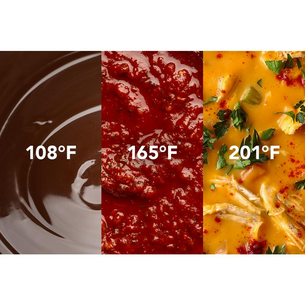 Melting chocolate, simmering tomato sauce, and bubbling soup with temperature overlays for cooking precision.
