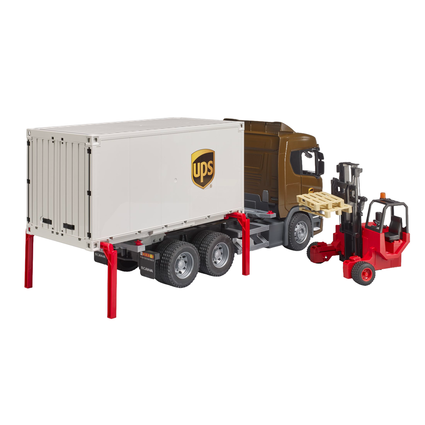 Detailed toy UPS logistics truck with detachable red forklift and pallet for imaginative play in Bruder Toys collection