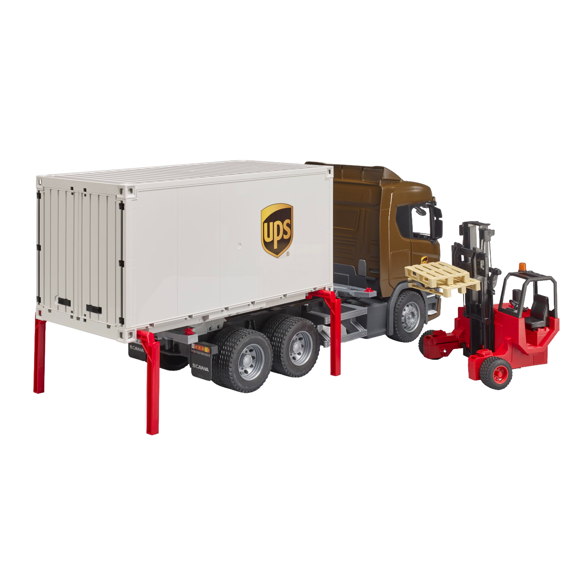 Detailed toy UPS logistics truck with detachable red forklift and pallet for imaginative play in Bruder Toys collection