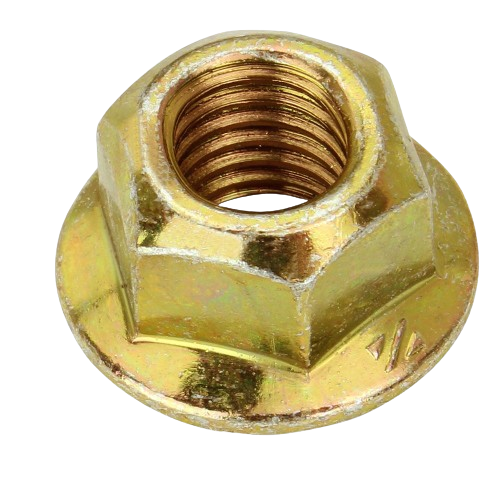 Hexagonal lock nut with flange and internal threading for secure fastening in John Deere parts and hardware collections