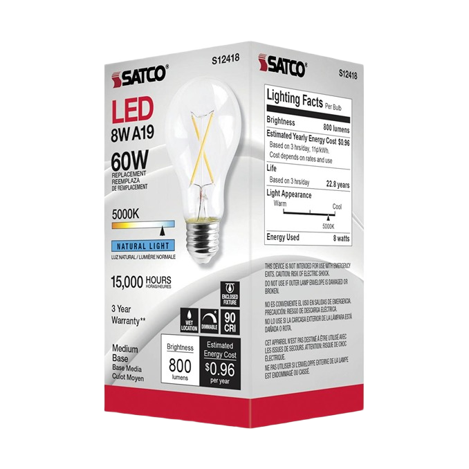 Packaging of Satco 8 watt A19 LED bulb with medium base, natural light, 800 lumens, and 3-year warranty details